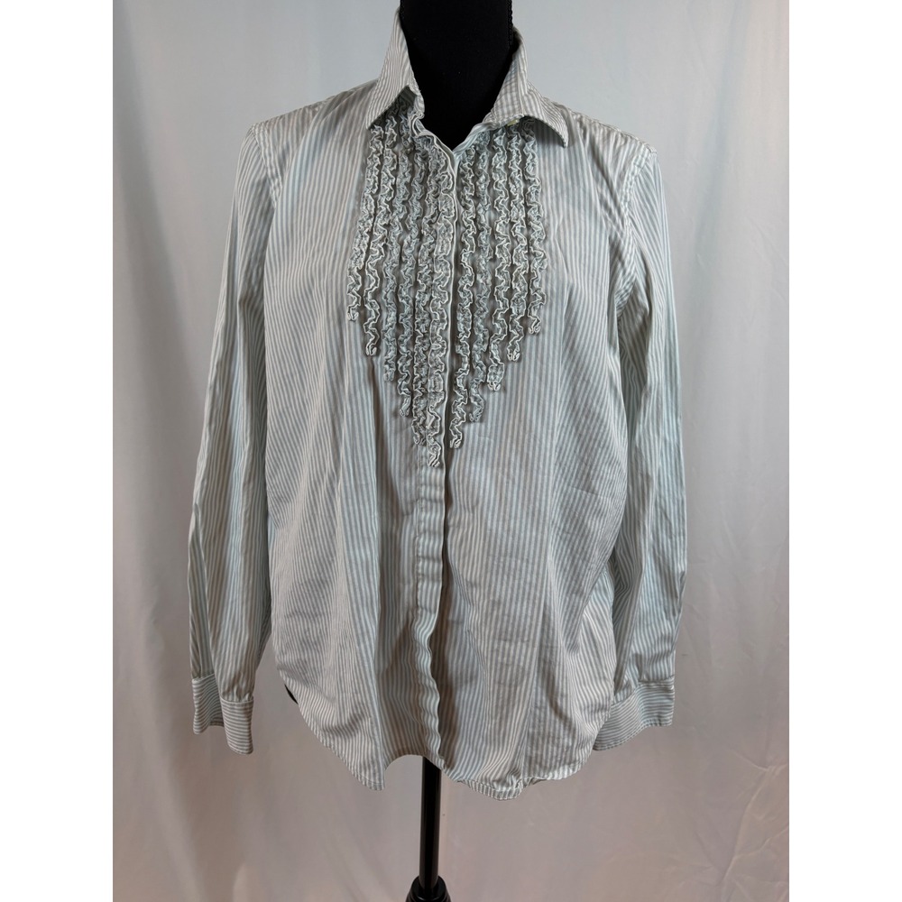 Lauren Ralph Lauren Blue White Striped Ruffle Front Button Down Shirt XL